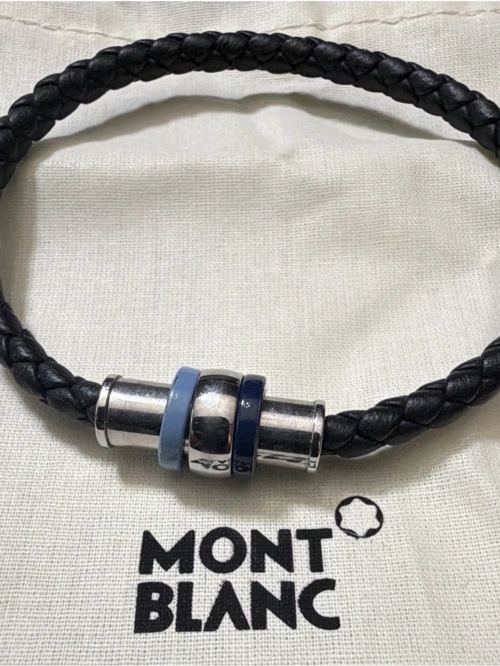Montblanc 1858 Iced Sea Blue Leather Bracelet, Large (Size 68) Steel – Authentic